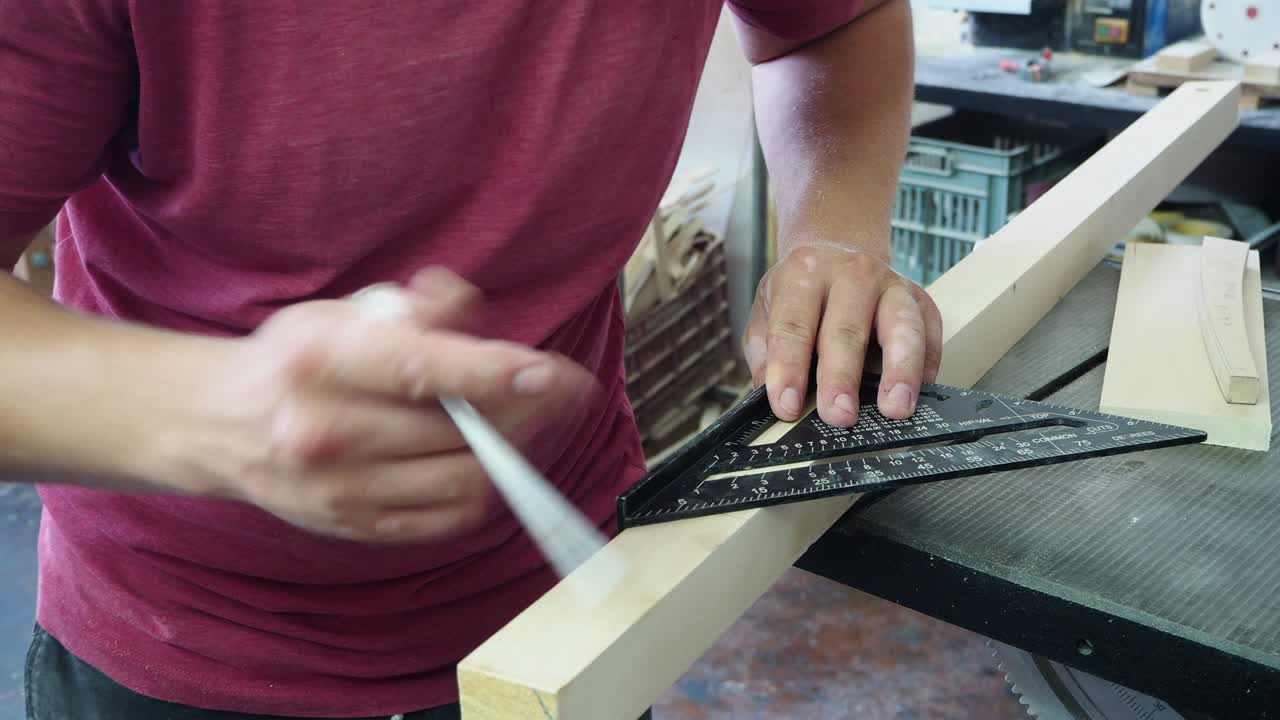 tomando medidas de la pieza de madera con línea y lápiz