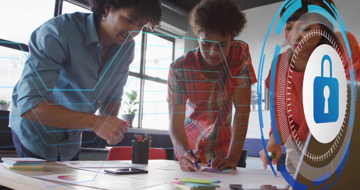 Three colleagues annotating documents on table, lock icon fading, node lines showing cybersecurity