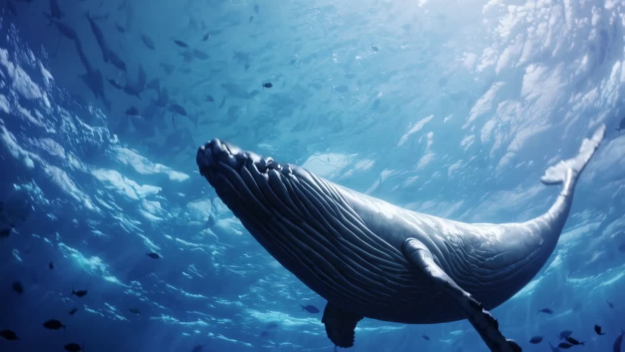 Underwater video shot of a majestic whale swimming upwards, captured from a low angle