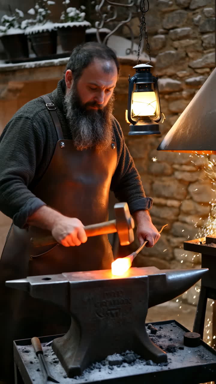Blacksmith Forging Hot Metal on an Anvil