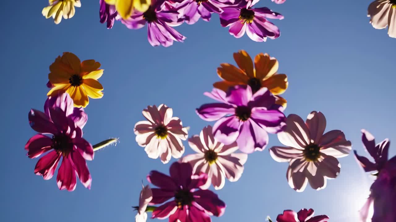 Livlige blomster mot en klar, blå himmel, tatt fra en lav vinkel