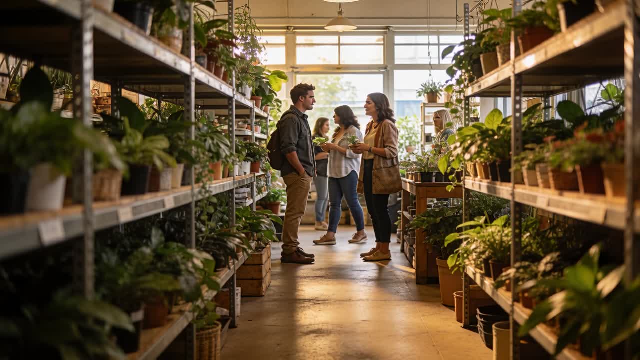 Homem e mulher se encontrando no corredor de uma loja de plantas, iniciando uma conversa sobre escolhas com a mulher gesticulando