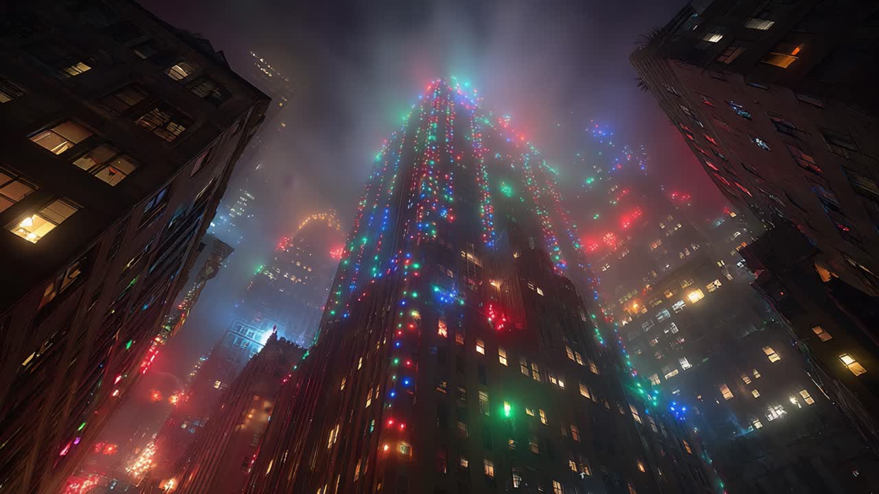 A mesmerizing view of a skyscraper adorned with vibrant holiday lights, shining through the fog, creating a magical urban scene that captivates the essence of winter festivities