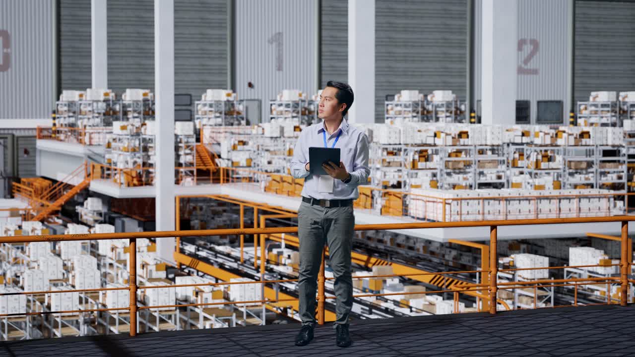 trabajador de almacén revisando el inventario en la tableta