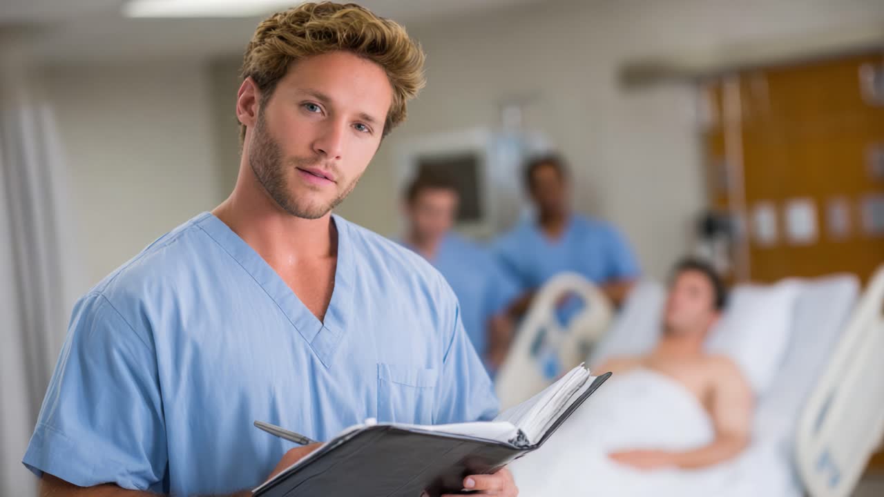 A focused male healthcare professional reviewing patient information in a hospital setting, demonstrating dedication and professionalism in medical practice and teamwork