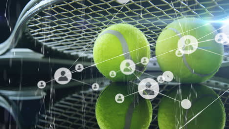 animación de raqueta de tenis y pelotas sobre el procesamiento de datos