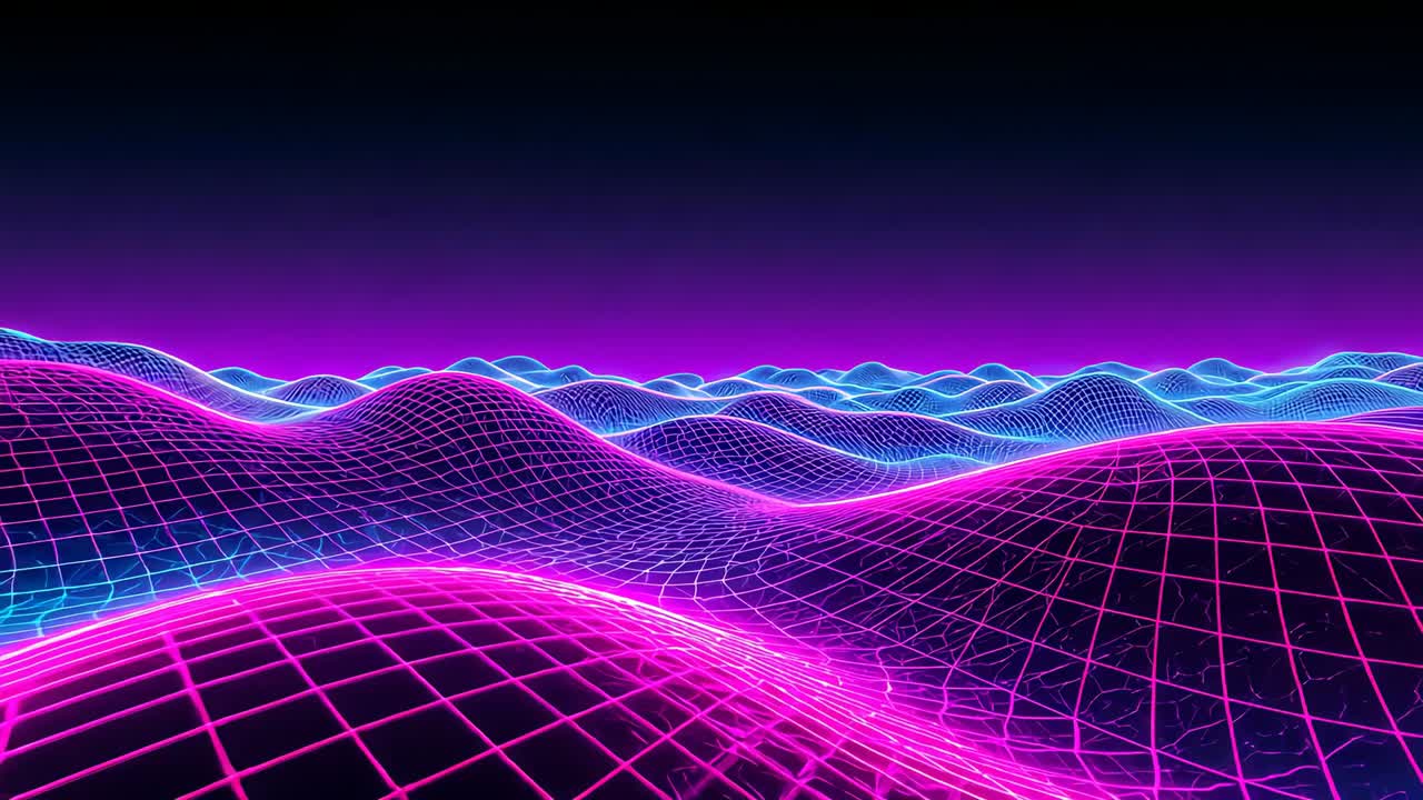 Panning camera sweeping over neon grid landscape, revealing receding magenta cyan hills with mist