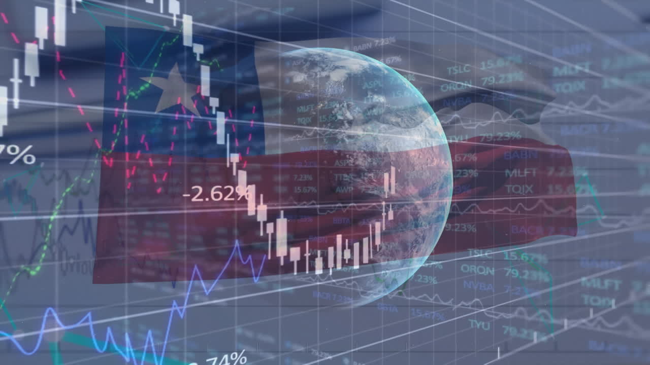 블랙 배경에 칠레의  ⁇ 발 위에 데이터 처리, 지구와 그래프의 애니메이션