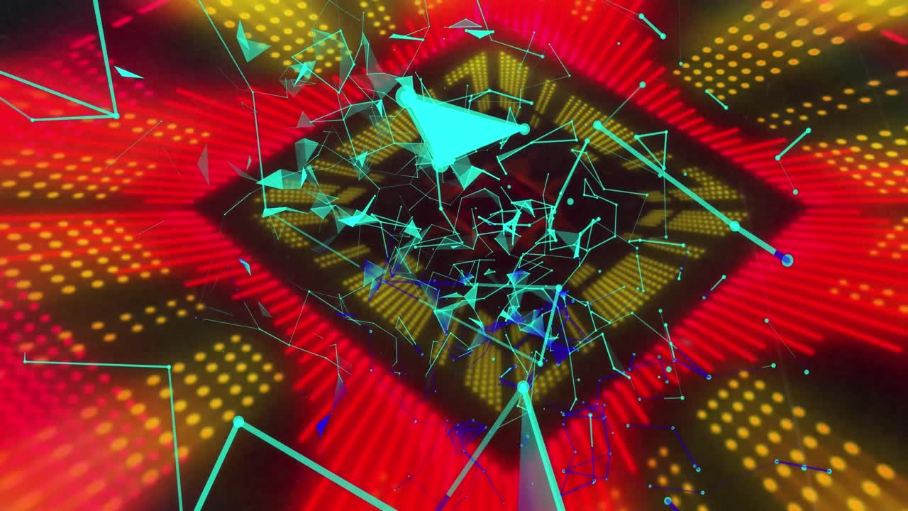 animación de redes de conexiones, formas abstractas sobre un fondo de túnel de neón brillante