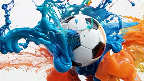 a soccer ball is surrounded by a splash of orange and blue paint. the splash is in the shape of a circle and is located above the ball