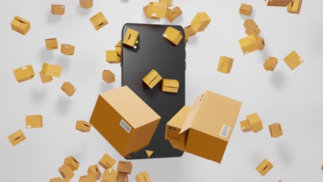 bucle sin costuras 3d render shopping en línea teléfono inteligente y paquetes que caen con abstract digital display carrito de compras en la pantalla