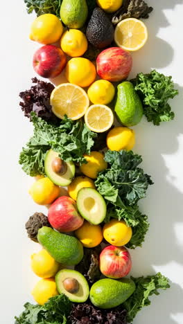assortment of fresh fruits and vegetables on white background