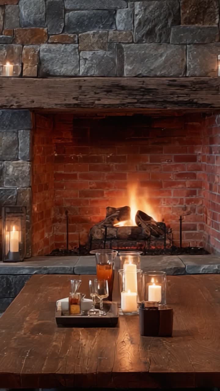 Scena accogliente e invitante con camino, con il caldo bagliore delle fiamme, la morbida luce delle candele e un'elegante disposizione della tavola, perfetta per il relax e gli incontri.