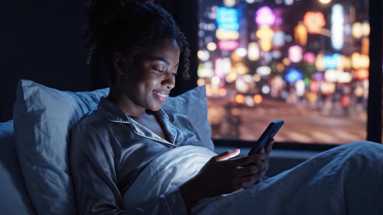 A Cozy Night In: A Young Woman Engrossed in Her Phone, Illuminated by City Lights from Outside, Capturing the Essence of Modern Living and Digital Connection