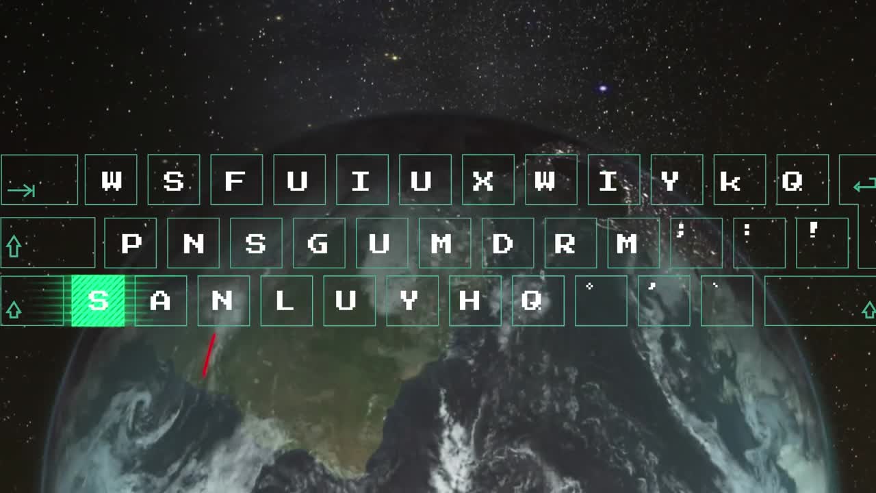 Animation of illuminated abstract pattern moving on keyboard over globe against space