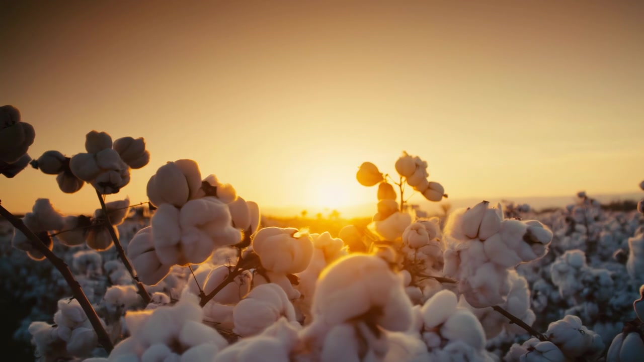 Morbide capsule e steli di cotone rimangono illuminati mentre il sole nascente crea una calda retroilluminazione attraverso il campo, mostrando piante dalla texture evidente, file stratificate e una composizione esterna pacifica con tonalità dorate.