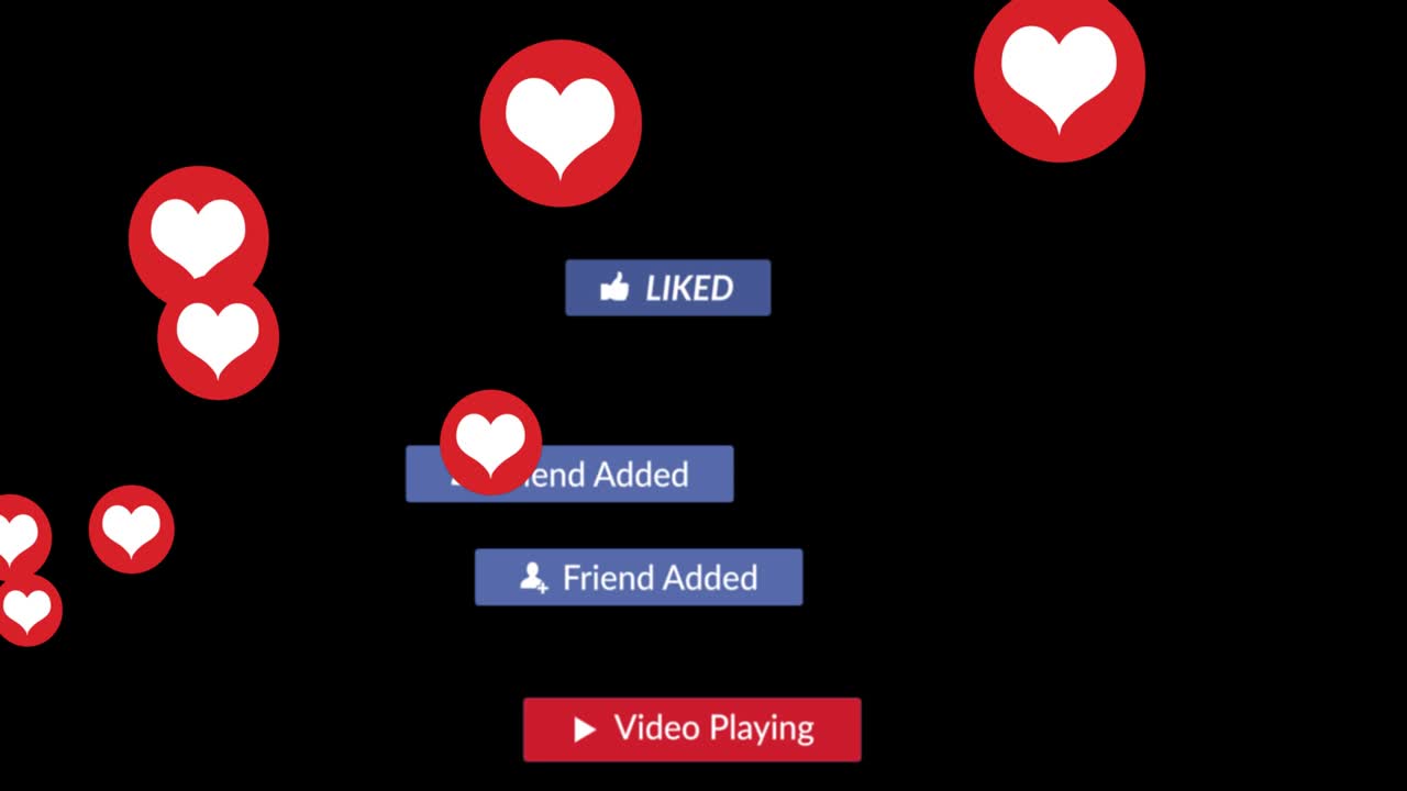 검은 바탕 위에 떨어지는 소셜 미디어 아이콘과 이모티콘의 애니메이션