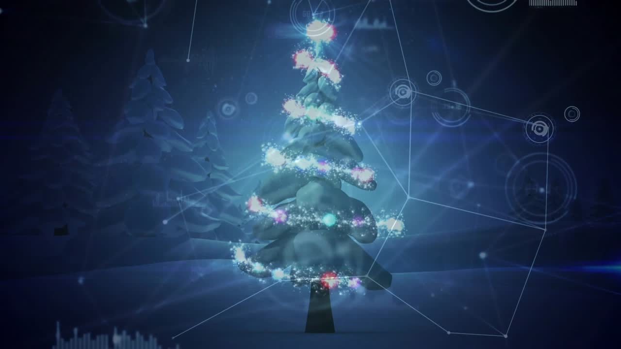 Grid lines flickering forming 3D Xmas tree, rings swirling, charts fading, highlighting data motif