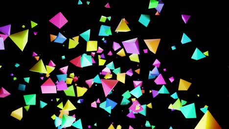 fondo festivo abstracto con nube de pirámides parpadeando luz de neón al azar. pirámides multicolores girando en el aire. bucle hermoso bg en 4k. animación de movimiento suave, renderización 3d
