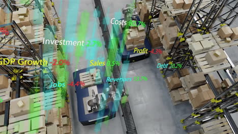 animation of data processing and diagrams over machines working in warehouse