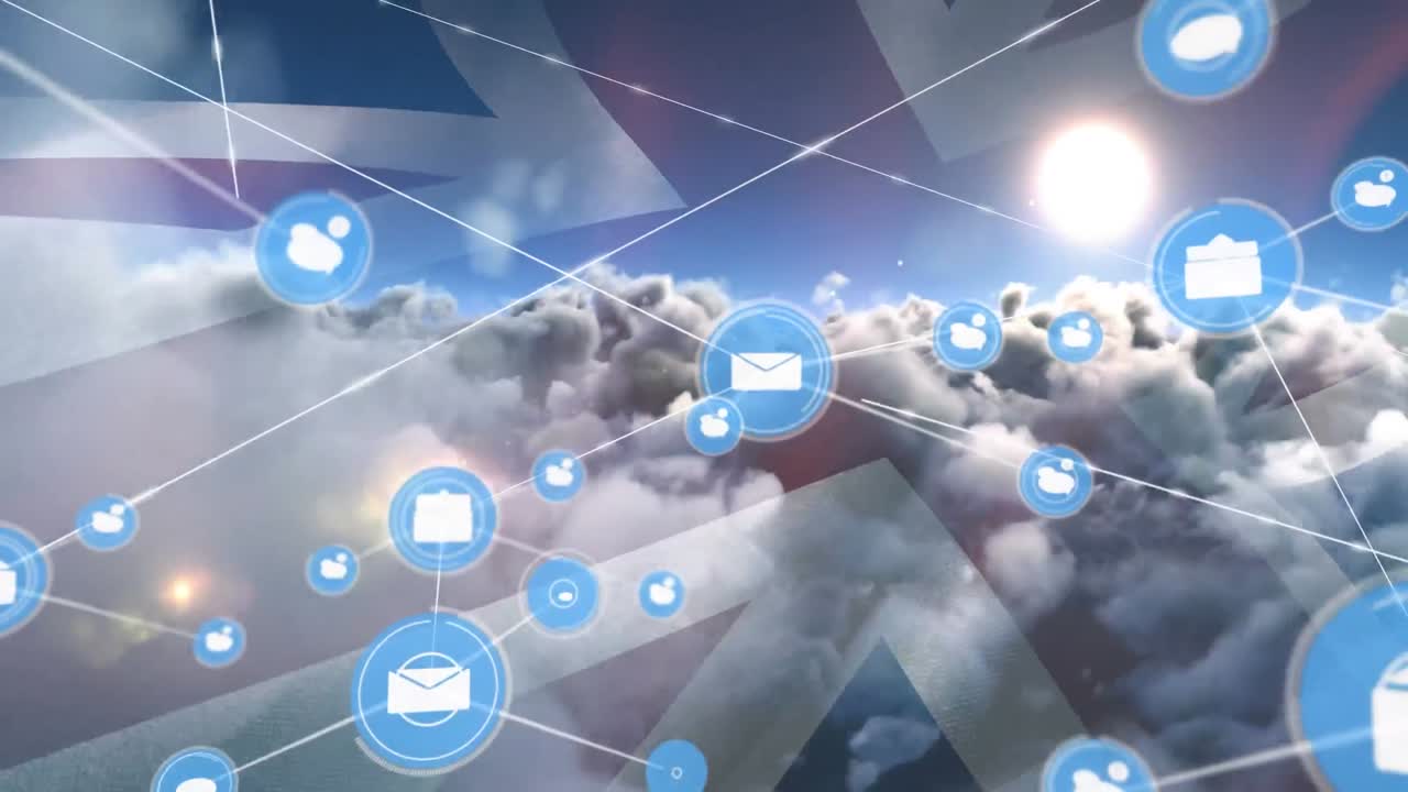 Animation of network of connections with icons over flag of great britain and clouds