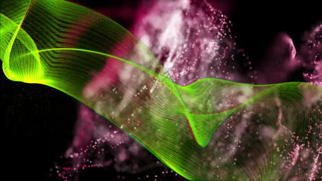 animación de onda verde sobre partículas rosadas y blancas en fondo oscuro