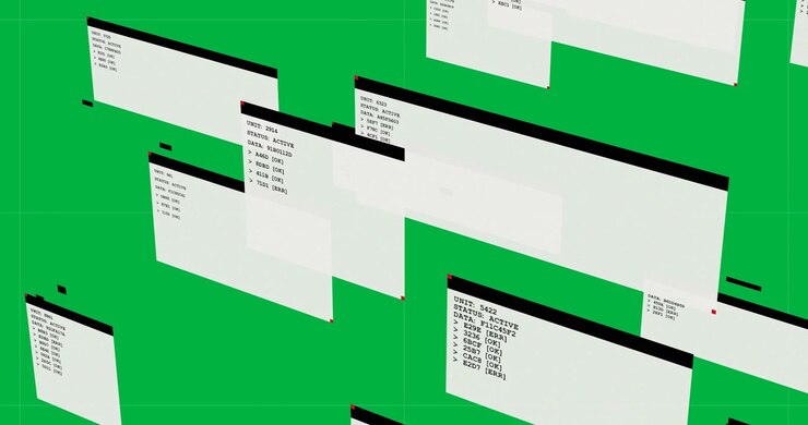 New panels entering frame sliding diagonally, forming grid showing status on transparent plane