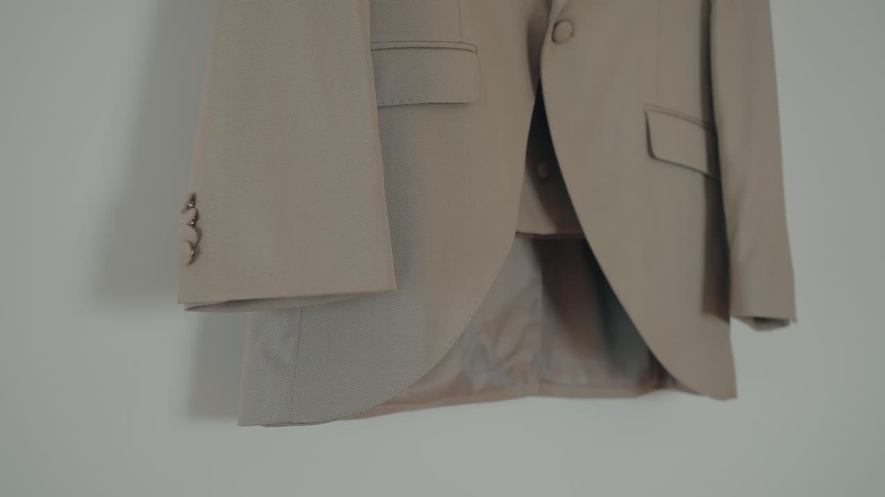 Dettaglio ravvicinato della manica di una giacca da completo da sposo beige con bottoni e tasca a patta, su gruccia.
