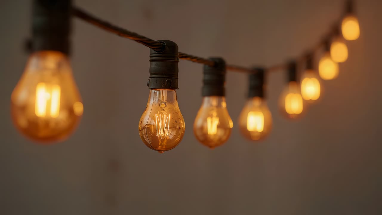 Shifting focus camera bringing Edison-filament bulbs into clear view at dim cafe, showing dark cord