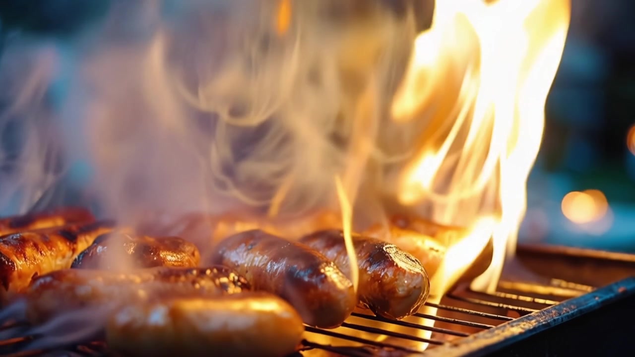 Salsicce succulente che sfrigolano su una griglia, circondate da fiamme vivaci, creando un'atmosfera barbecue irresistibile, perfetta per riunioni all'aperto e grigliate