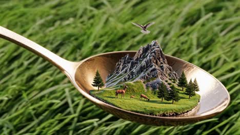 miniature mountain landscape in a spoon