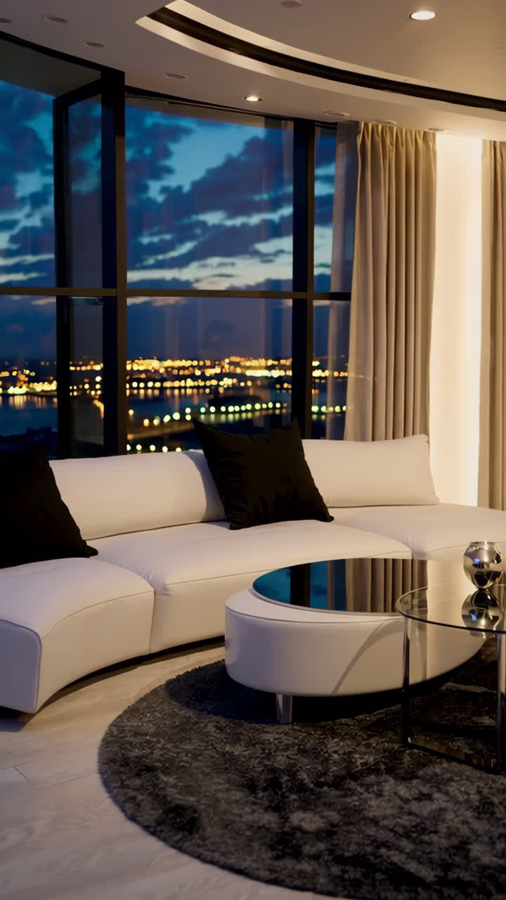 Modern City View Living Room at Night