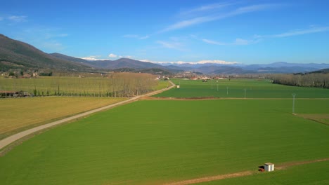 drone aerial footage of a narrow road with cultivated green fields on the sides and snow-capped mountains in the background, forward flight