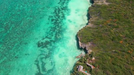 drohnen-aufnahmen von einem türkisfarbenen ferienort am wasser, eine kleine bucht, eine felsige küste, grüne vegetation, paradiesisch