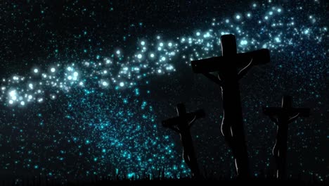 animation of blue shooting star over jesus christ on the cross against black background