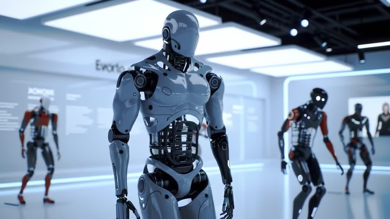 Humanoid robots are showcased at a technology exhibition, demonstrating advanced movements and functionalities in a modern, well-lit setting. Attendees observe in awe.