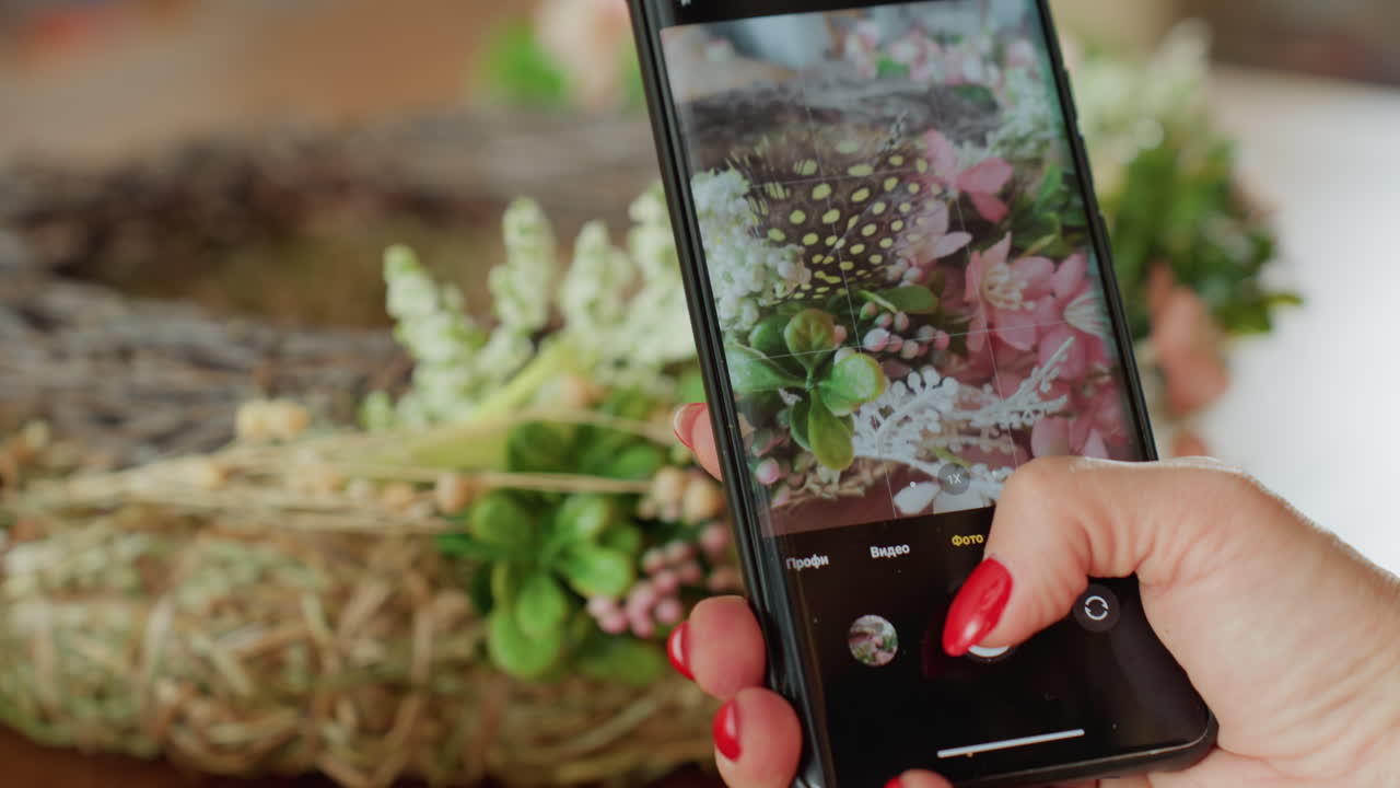Close-up of female florist hand holding smartphone with red nails capturing detailed photo of handmade floral wreath with blossoms, greenery, showing creativity and artistic flower arrangement