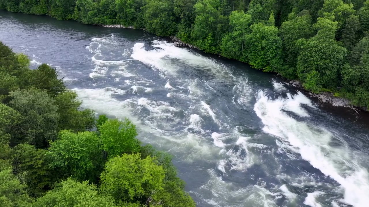 Une vue aérienne oblique élevée montre un étroit chenal de rivière traversant une forêt dense, avec des rapides actifs, de l'écume, des tourbillons, des berges rocheuses et une lumière couverte et fraîche sur un paysage sauvage