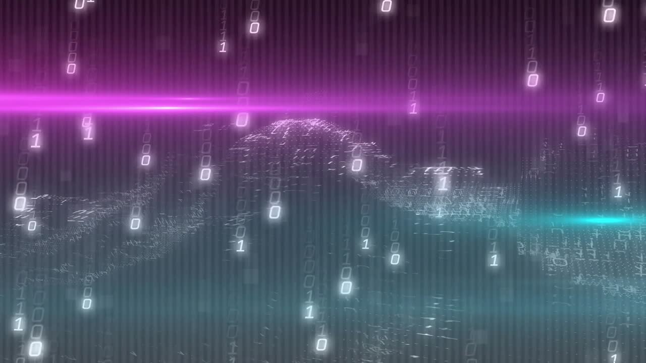 Neon magenta beam stretching across grid causing binary rain forming binary hills depicting data