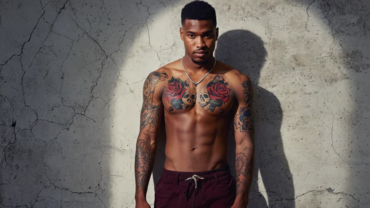 Tattooed man with muscular body posing against a concrete wall