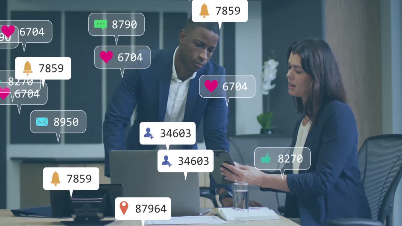 Animation of notification icons with changing numbers over diverse coworkers discussing reports