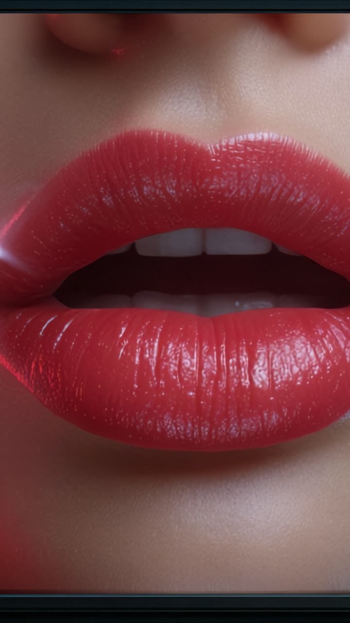 Primo piano vibrante di labbra rosse lucide, che ne mostrano la texture, la lucentezza ed enfatizzano il loro fascino in una rappresentazione di bellezza accattivante.