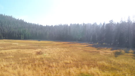 aerial flight over a grassy mountain meadow, panning to the left at 24 frames per second