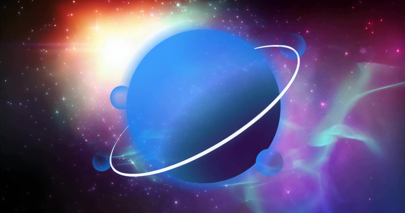 Un bagliore caldo che appare, un anello bianco che traccia in senso orario attorno a un pianeta blu, lune che si muovono, formando un'orbita.
