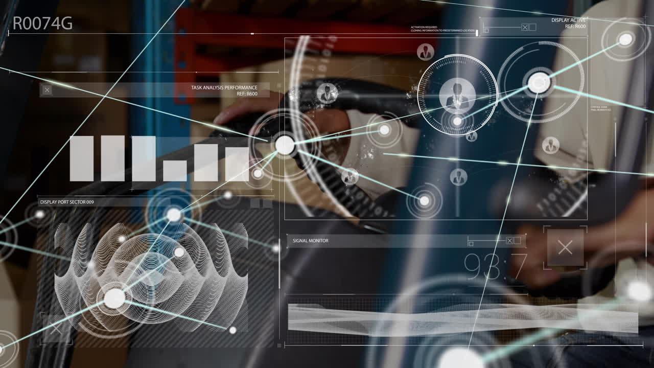 animación del procesamiento de datos sobre un trabajador masculino caucásico en un almacén