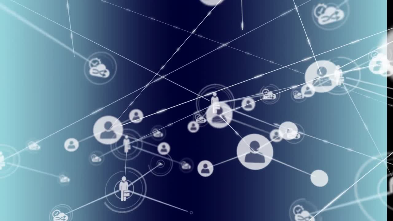 블루 그라디언트 배경에 대한 프로파일 및 디지털 아이콘 네트워크의 애니메이션