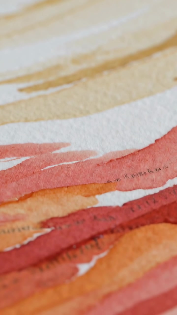 Vertikales Video: Schwenkende Kamera enthüllt Aquarell-Lasuren auf einem Maltisch und hebt die Papiertextur hervor.