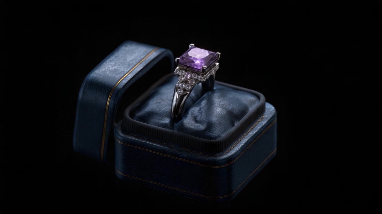 Elegante anello con gemma viola esposto in una lussuosa scatola di velluto, che mostra la sua bellezza radiosa e il design intricato in tonalità argento scintillante e viola.