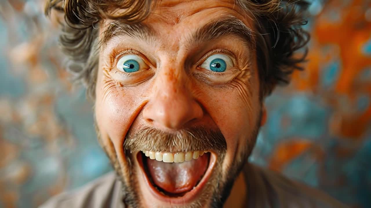 Close-up of Man with Exaggerated Expression and Wide Open Mouth
