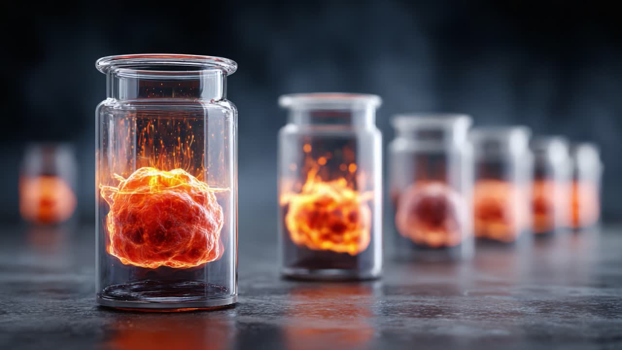 Captivating Display of Fiery Energy in Glass Jars: A Stunning Visual of Vibrant Explosive Matter Surrounded by Glass, Showcasing the Power of Creative Imagery